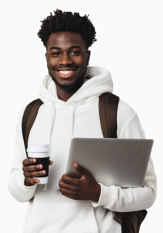 Étudiant noir souriant avec un ordinateur portable